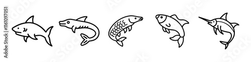 Line Icons of Predatory and Unique Fish Species - Minimalistic line icons featuring sharks, eels, narwhals, and other predatory and unique fish species, ideal for aquatic and marine themes.