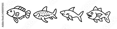 Line Icons of Diverse Fish Species - Minimalistic line icons featuring various fish species, including tilapia, trout, shark, and a cartoon-style fish, ideal for aquatic and wildlife designs.