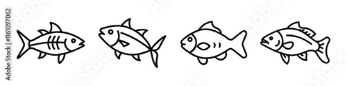 Line Icons of Freshwater and Ocean Fish - Minimalistic line icons depicting various fish species, including tuna, carp, and generic freshwater and ocean fish, ideal for aquatic themes.