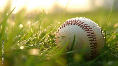 Baseball with dew on grass in morning light photo