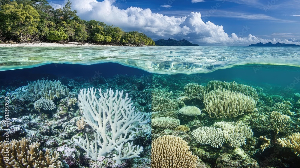 Fototapeta premium Diverse Ecosystems Underwater Habitat Coral Reefs and Lush Rainforest Biomes in Harmony