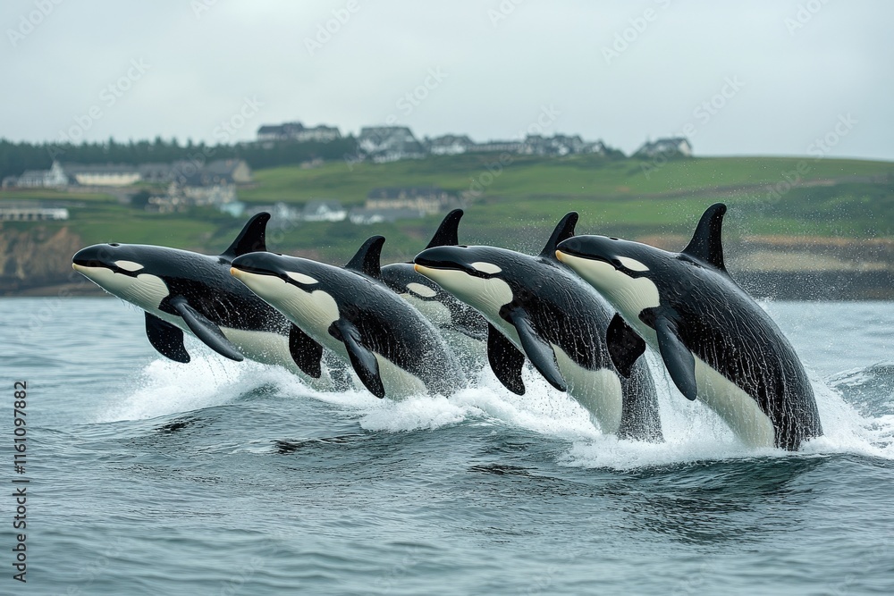 Fototapeta premium Five orcas leap from the ocean's surface, showcasing their grace and power against a serene coastal backdrop.