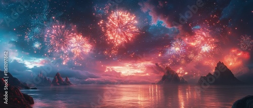 virtual fireworks explode through radiant surreal digital landscapes., Generative AI