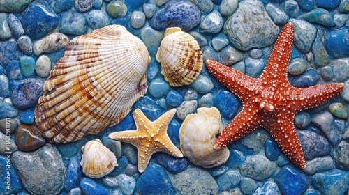 Seashells and Starfish on Blue Pebbles Creating a Relaxing Summer Travel Scene photo