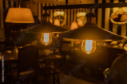 Fotografie Two pendant lamps in a dimly lit room hanging from a black metal fixture