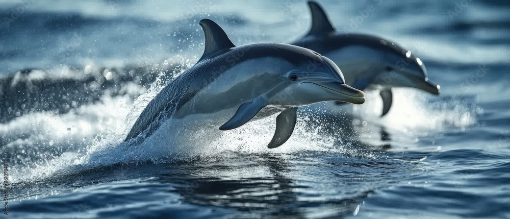 Fototapeta premium Two dolphins leap gracefully above the water's surface, creating splashes in a serene ocean setting.