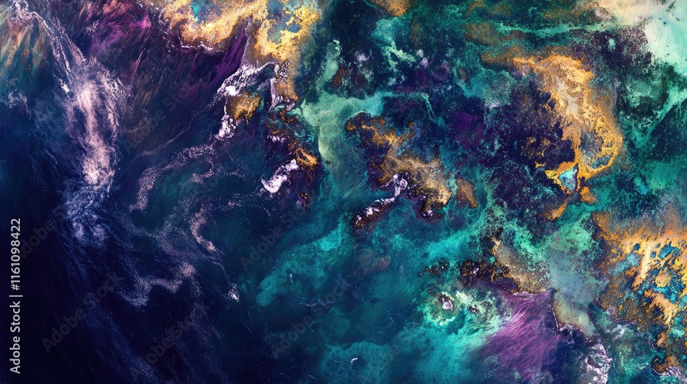 Naklejka premium Coral Reef Biodiversity Aerial View Satellite Image with Vibrant Colors and Textured Patterns for Environmental Awareness and Research