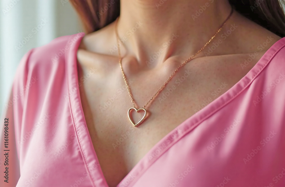 Close-up of a gold heart pendant on a woman wearing a white blouse. Close-up of a gold heart pendant on a woman wearing a white blouse.