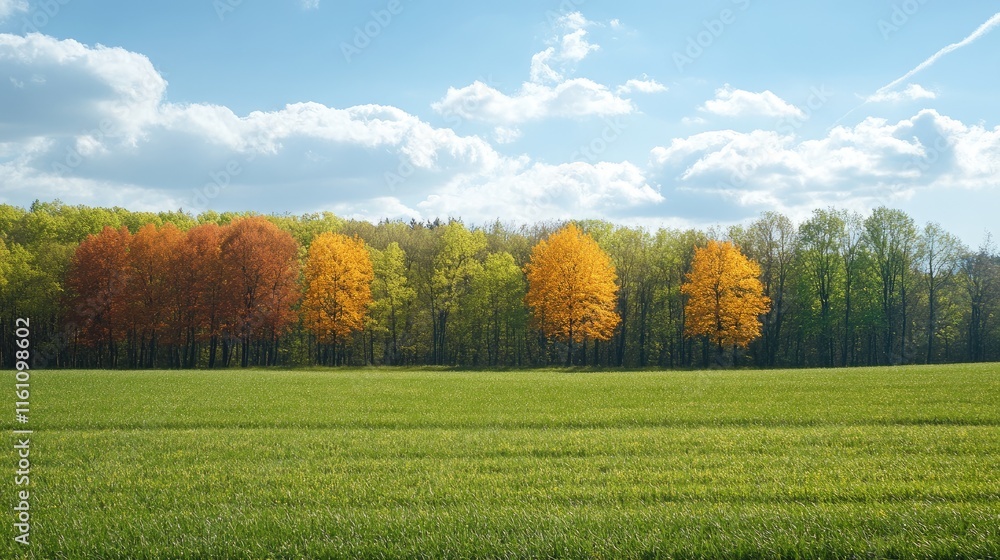 Four Seasons Landscape Capturing Spring Summer Autumn and Winter Trees in Full Color Against a Clear Blue Sky and Green Grass Field Four Seasons Landscape Capturing Spring Summer Autumn and Winter Trees in Full Color Against a Clear Blue Sky and Green Grass Field