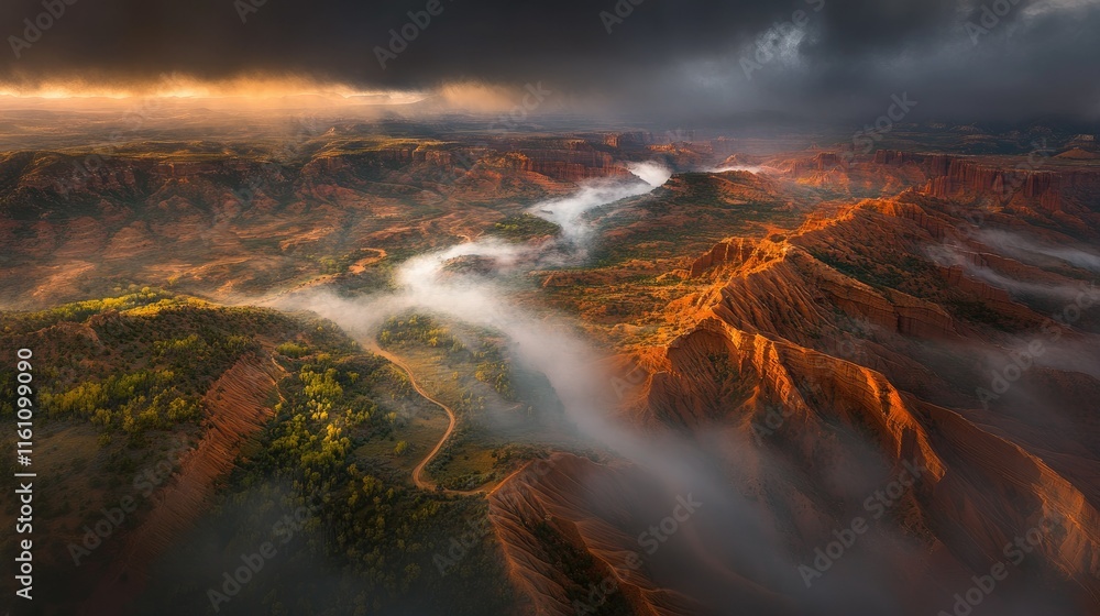 Naklejka premium Aerial view of a canyon landscape with fog and dramatic lighting.