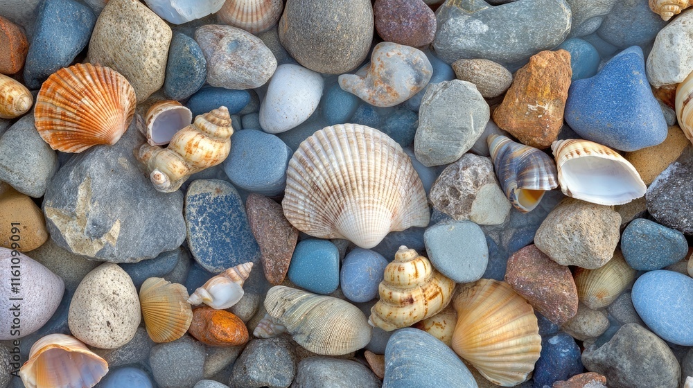 Seashells and Smooth Pebbles on a Calm Blue Background for Coastal Decor and Natural Beach Aesthetics Seashells and Smooth Pebbles on a Calm Blue Background for Coastal Decor and Natural Beach Aesthetics