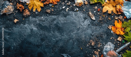 Aerial view of contaminated landfill filled with food waste plastic debris and fallen leaves highlighting environmental pollution issues photo