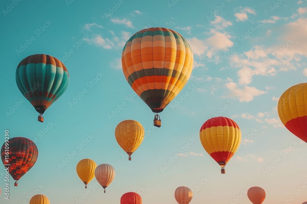 Colorful floating spheres creating dynamic patterns against a bright blue sky Colorful floating spheres creating dynamic patterns against a bright blue sky