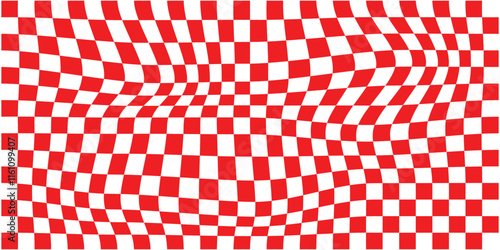 Trippy checkerboard background, wavy checker pattern, optical illusion. Vector seamless black and white swirl.