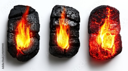 Burning Embers Flames Charcoal Progression Stages White Background