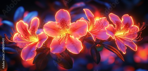 Abstract neon azalea, its bright glow casting a warm light in a dark setting.
