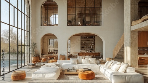 Modern living room with large windows and cozy decor.