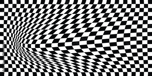 Wavy checkered pattern. Surreal modern geometric shapes, abstract print. Abstract twisted background. Groovy backgrounds in the trendy style. Wavy checkerboard. Black and white checkers. Vector EPS 10