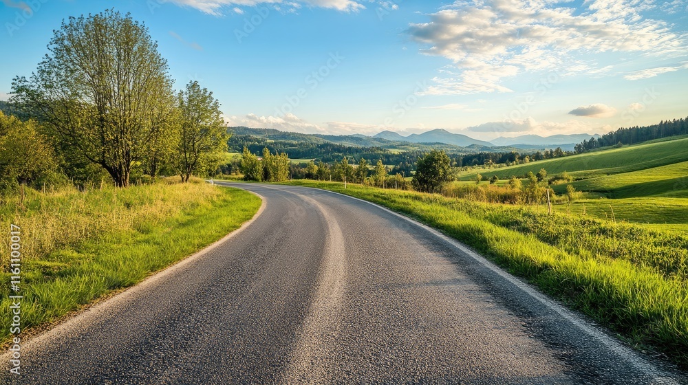 Naklejka premium Scenic Road Leading Towards Natural Gas Electricity Generation Facility Surrounded by Lush Green Landscape and Mountains in Background