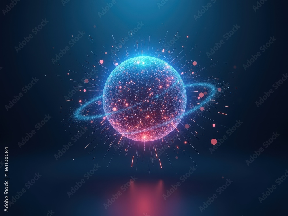 Obraz premium Vibrant cinematic depiction of a glowing planet with rings and cosmic colors in dark atmosphere