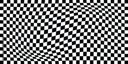 Wavy checkered pattern. Surreal modern geometric shapes, abstract print. Abstract twisted background. Groovy backgrounds in the trendy style. Wavy checkerboard. Black and white checkers. Vector EPS 10
