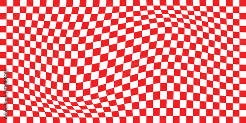 Trippy checkerboard background, wavy checker pattern, optical illusion. Vector seamless black and white swirl.