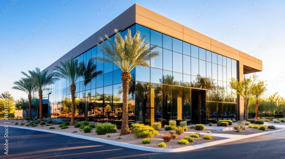 Naklejka premium Modern Glass Office Building with Palm Trees - A sleek, modern office building featuring expansive glass walls, surrounded by lush palm trees and beautifully landscaped grounds. Symbolizing success, 