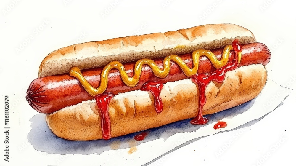 Delicious Hot Dog with Mustard and Ketchup on White Background Delicious Hot Dog with Mustard and Ketchup on White Background