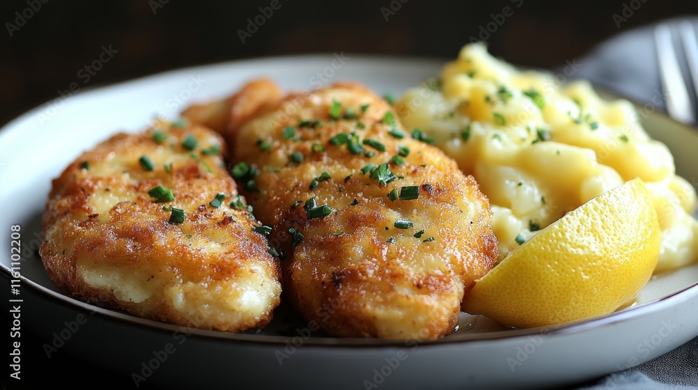 Crispy fried fish fillets served with fresh lemon slices and herbs on a wooden table Crispy fried fish fillets served with fresh lemon slices and herbs on a wooden table