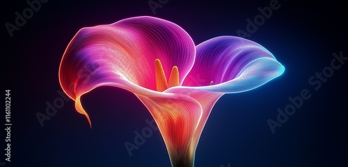 Elegant and glowing neon calla lily on a dark minimalist background.
