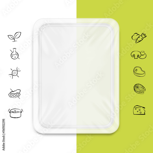 Clear tray container mockup with set icons. Vector illustration isolated on white and colour background. Layered template file easy to use for your promo product: meat of animals, chicken. EPS10.