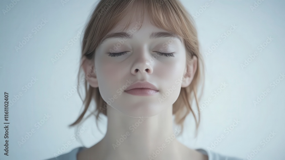 A serene portrait of a woman with closed eyes, reflecting calmness and tranquility in a soft-lit environment. A serene portrait of a woman with closed eyes, reflecting calmness and tranquility in a soft-lit environment.
