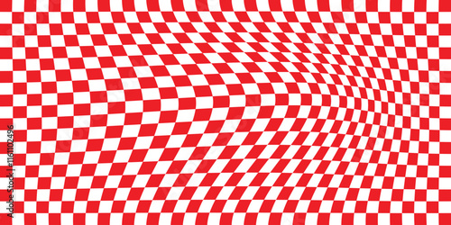 Trippy checkerboard background, wavy checker pattern, optical illusion. Vector seamless black and white swirl.
