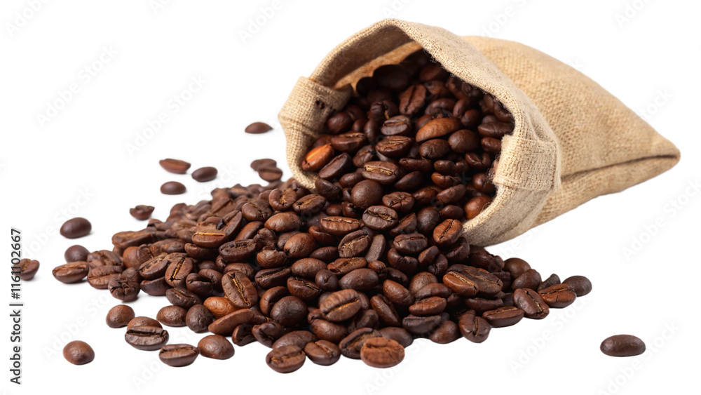 Fototapeta premium Roasted Coffee Beans Spilling from Burlap Sack Bag