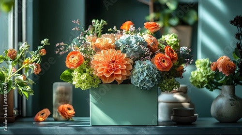 Vibrant Square Flower Box in Mint Mambo Showcasing Exotic Blooms for Modern Interior Decor photo