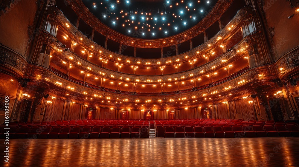 Obraz premium Elegant theater interior with illuminated seating.
