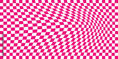 Abstract wavy psychedelic checkerboard background with white and pink colors. Trippy design with distortion grid effect. Twisted wavy and groovy geometrical chessboard. Vector illustration. EPS 10