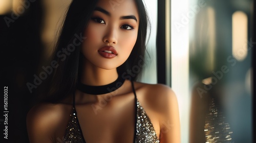 A sophisticated woman exudes confidence in a dazzling sequined dress, capturing the essence of modern glamor and timeless elegance with a compelling look by the window. photo