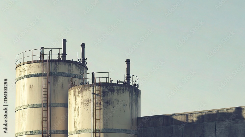Large Factory Silos and Chimneys Under Clear Blue Sky Large Factory Silos and Chimneys Under Clear Blue Sky