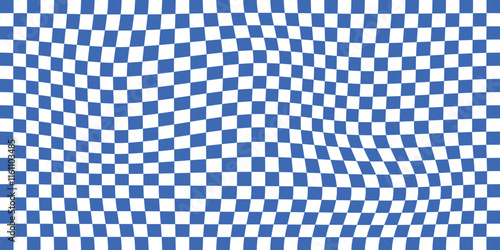 Abstract wavy psychedelic checkerboard background with white and blue colors. Trippy design with distortion grid effect. Twisted wavy and groovy geometrical chessboard. Vector illustration. EPS 10