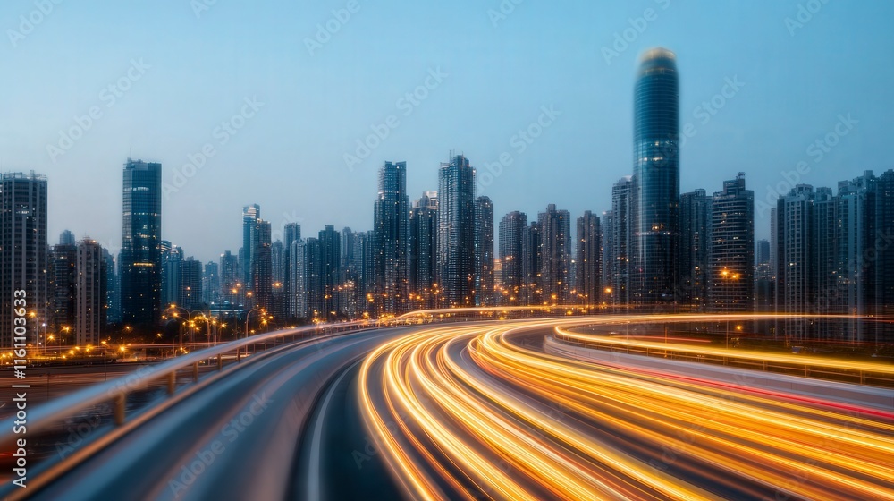 Urban Night Scene with Light Trails and Skyscrapers in City Urban Night Scene with Light Trails and Skyscrapers in City