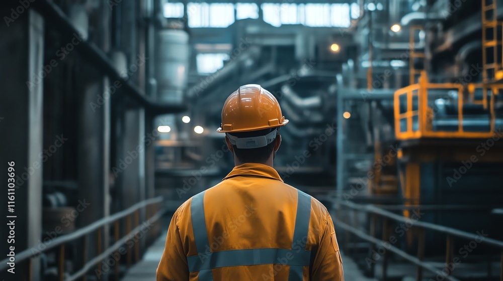 Industrial Worker in Yellow Safety Gear at Construction Site with Scaffolding and Machinery Background Industrial Worker in Yellow Safety Gear at Construction Site with Scaffolding and Machinery Background
