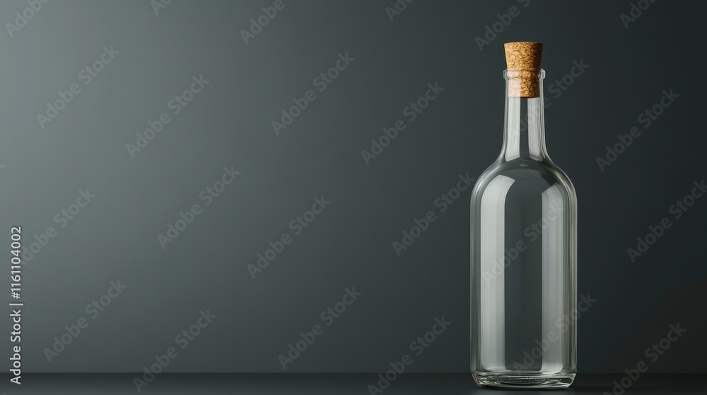 Clear Glass Bottle with Cork Stopper Against Dark Background Clear Glass Bottle with Cork Stopper Against Dark Background