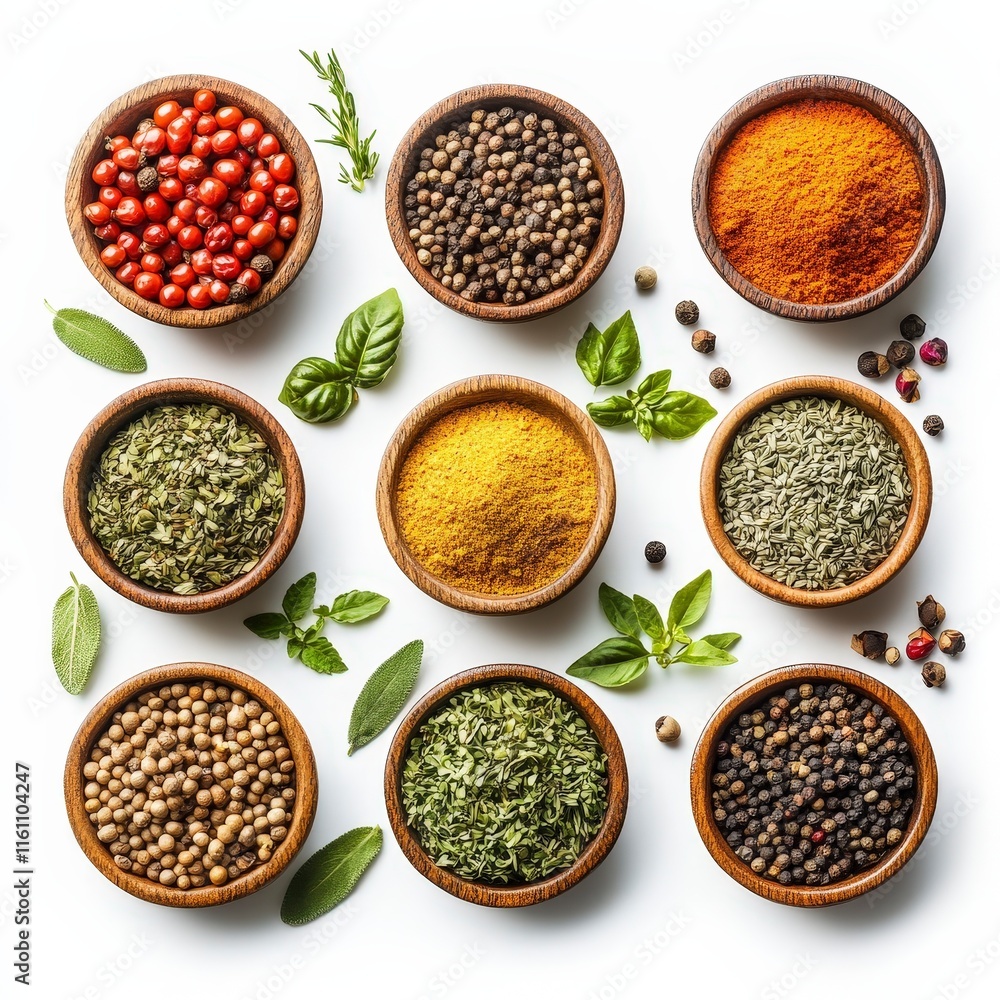 Assorted Fresh Herbs and Spices in Wooden Bowls on White Surface Assorted Fresh Herbs and Spices in Wooden Bowls on White Surface
