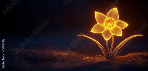Minimalist neon daffodil, its yellow glow brightening a dark scene.