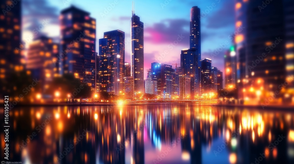 Obraz premium Night City Skyline Reflection - Urban cityscape at night, skyscrapers reflected in calm water, vibrant lights, modern architecture, peaceful scene.