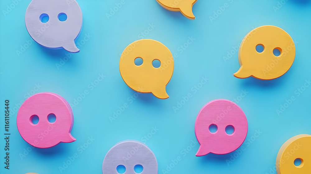 Obraz premium Colorful 3D speech bubbles on blue background.