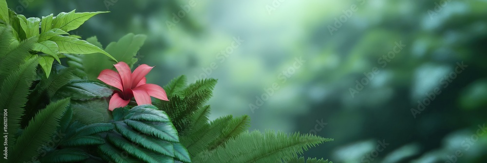 A red flower is in the foreground of a lush green background. The flower is surrounded by leaves and branches, creating a sense of depth and dimension A red flower is in the foreground of a lush green background. The flower is surrounded by leaves and branches, creating a sense of depth and dimension