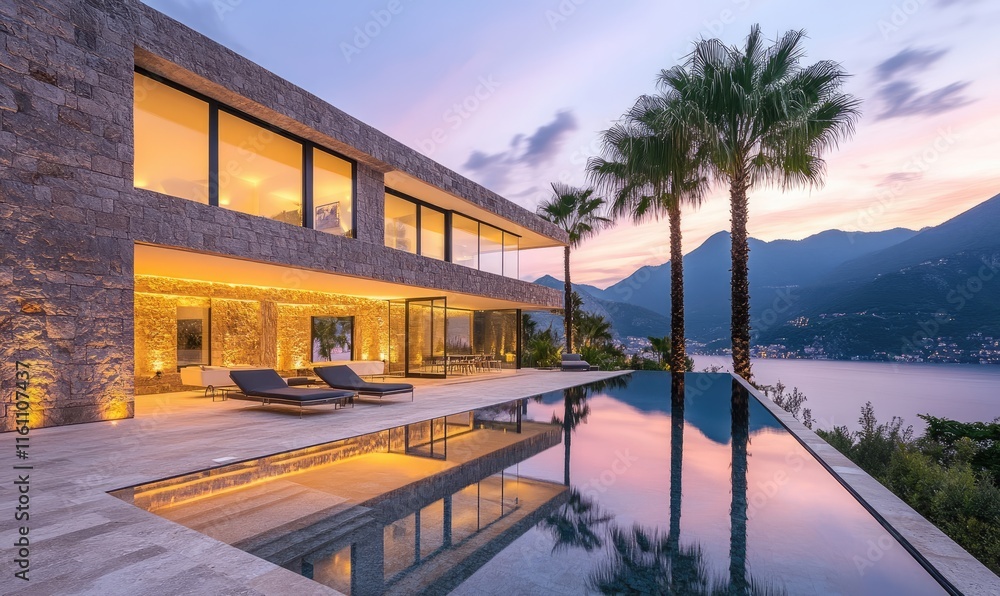 A stunning villa with stone walls, large windows overlooking the mountains and palm trees, an outdoor pool A stunning villa with stone walls, large windows overlooking the mountains and palm trees, an outdoor pool
