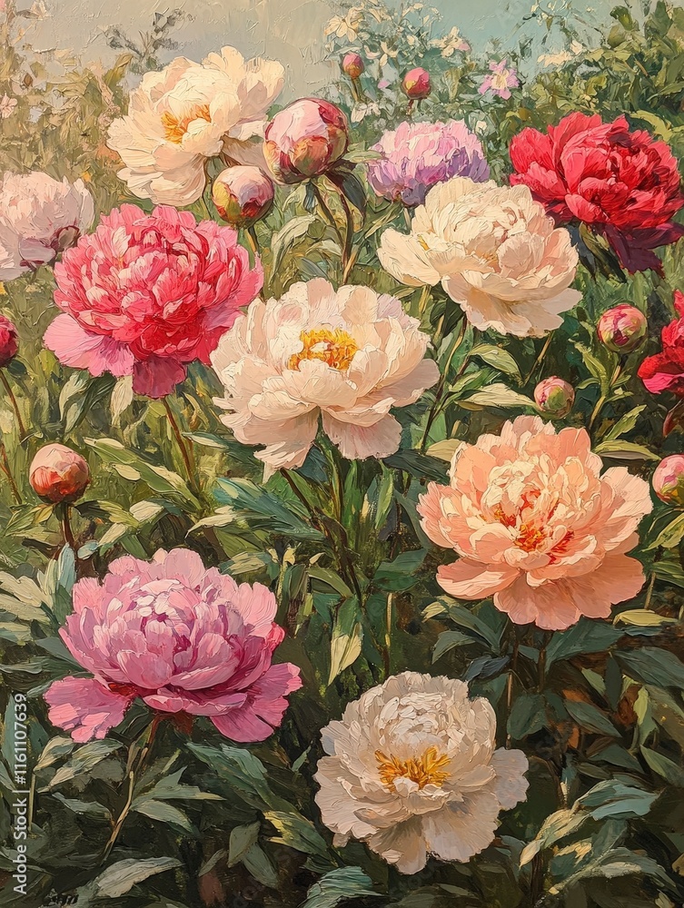 Vibrant Peonies in Bloom Surrounded by Lush Greenery and Light Vibrant Peonies in Bloom Surrounded by Lush Greenery and Light